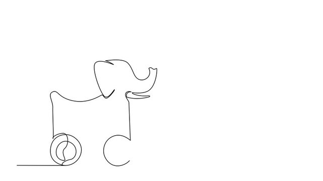 Animation of continuous line drawing of an elephant shaped wooden pull toy with wheels, minimalist and simple, creative vector design for children&rsquo;s toy art and family concepts. Full length motion