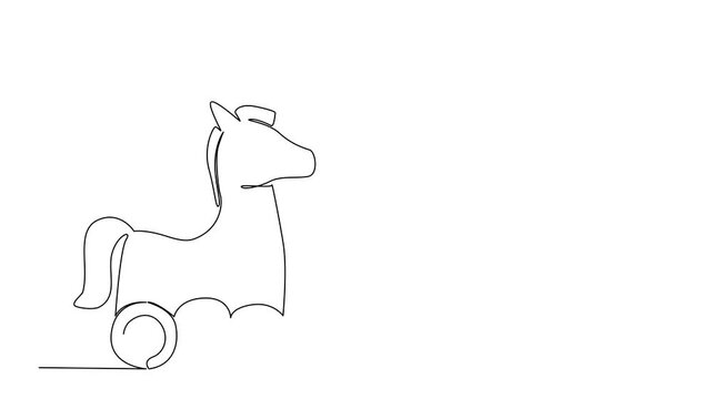 Animated self drawing of continuous line drawing of a horse shaped wooden pull toy with wheels, creative and minimalist, toy animation design concepts. Full length single line animation
