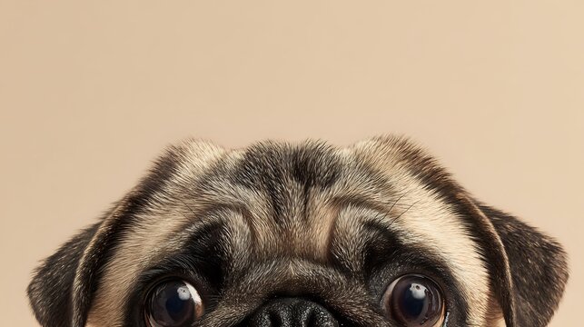 Adorable pug dog face with expressive dark eyes and wrinkled features on neutral beige background for pet lover designs and animal themed projects.