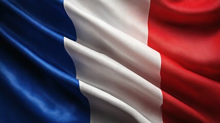 A close-up view of the French flag, showcasing its vibrant blue, white, and red colors in a textured, flowing fabric design.