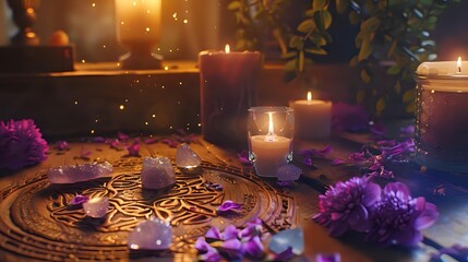 Mystical altar setup with burning candles, purple flowers, pentagram symbol and magical sparkles creating atmospheric spiritual ambiance for meditation rituals.