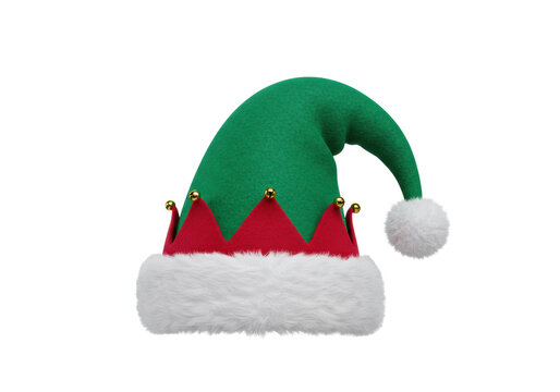 hyper-detailed photorealistic render of an oversized green and red felt elf hat with plush white trim and shiny golden jingle bells, isolated on white. high-quality holiday costume concept