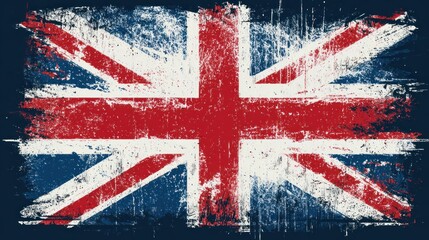 A distressed Union Jack flag design featuring bold red, white, and blue colors, creating a vintage and textured appearance.