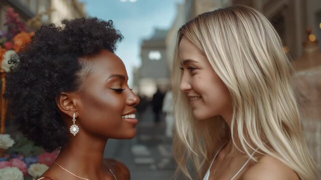 Smiling, two women leaning in after meeting eyes on shopping lane with flowers, thin-strap tops