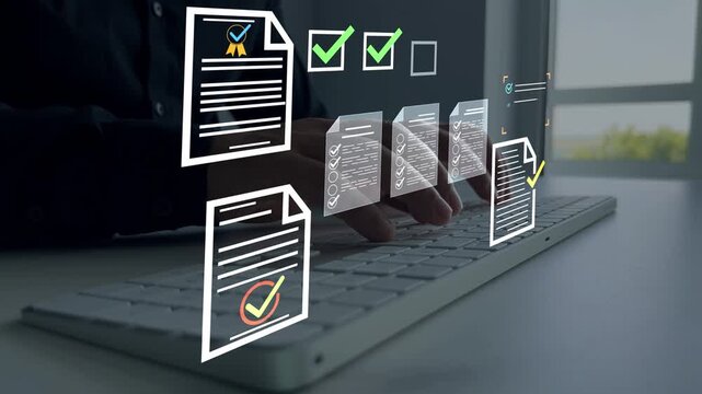 Businessman in computer doing online data documentation checklist survey. Fast checklist,clipboard task business management.Productivity checklist and filling survey form online.	
