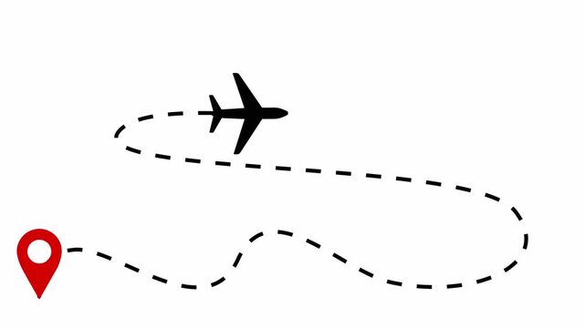 4k travel plane icon animation with red pin map point, plane moving animation, concept travel distance with gap line, for presenting map distance, travel, location, 