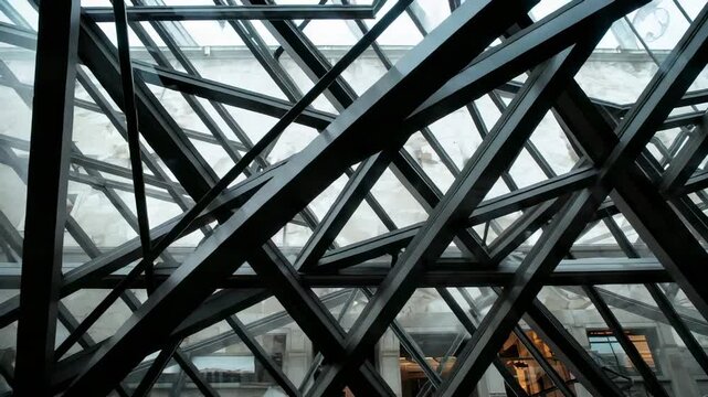 Panning camera revealing crisscross steel lattice at atrium roof, exposing warm shop behind panes
