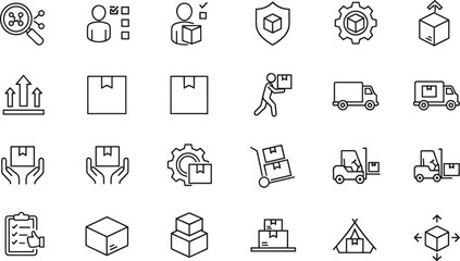 Logistics, Delivery, and Supply Chain Outline Icon Set: Warehouse, Cargo, Shipping, Packaging, Truck, Box, Inventory Management, and Transportation Vector Graphics