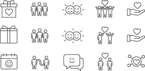 Love, Relationship, and Valentine's Day Thin Line Icon Set: Gift Box with Heart, Happy Couple, Friendship, Celebration Calendar, and Social Connection Vector Graphics