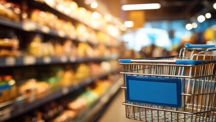 Empty shopping cart in a supermarket aisle with shelves stocked with products.