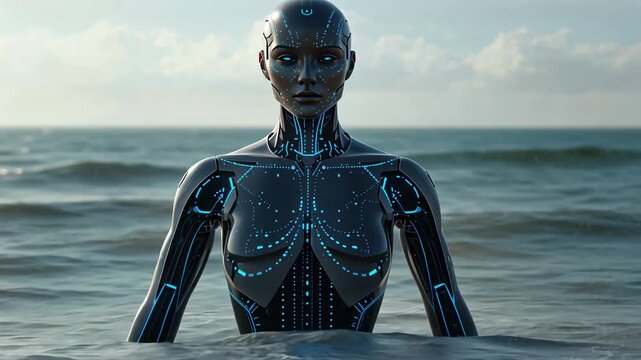 Emerging humanoid robot pushing through breaking waves at open sea, revealing lit blue circuitry