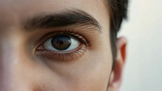 Framing male teen's right eye, camera capturing tiny gaze shifts in studio, with pupil reflection