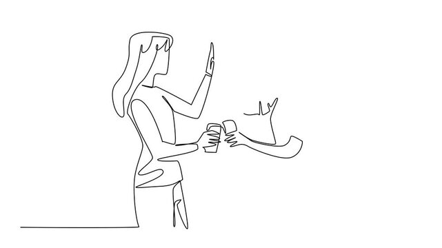 Self drawing animation of single line drawing of two women best friends celebrating National Best Friends Day with high five and drinks, friendship in a social concept. Full length animated