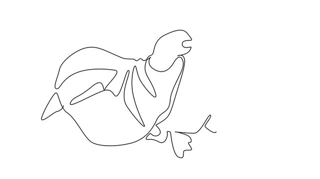 Animation of continuous line drawing of a sea turtle entangled in floating plastic waste, symbolizing marine life protection for World Oceans Day in a nature concept artwork. Full length motion