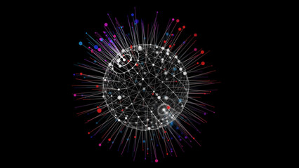 Grid sphere with color rays connecting dots dark cyberspace. Futuristic wireframe data concept. Technology global connecting net sphere.