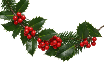 Detailed macro shot of a reflective holly garland with glossy emerald leaves and scarlet berries, isolated on a transparent background with copy space, traditional winter holiday celebration concept