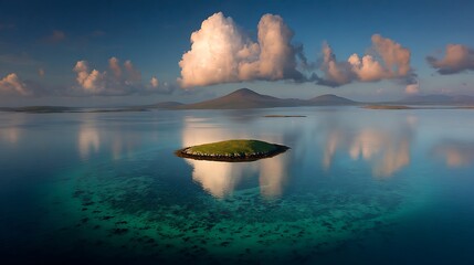 Aerial view of a tranquil seascape with small island, clouds reflected in calm water