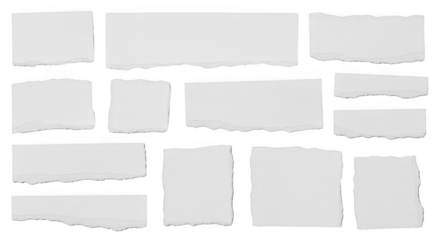 Collection of torn white paper pieces isolated on transparent background