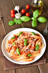Italian penne pasta with tomato bolognese sauce