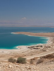 Aerial view of a turquoise lake bordering a brown, arid landscape under a clear blue sky