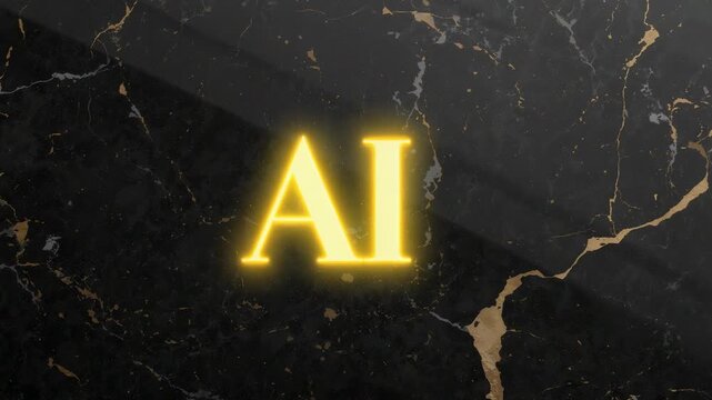 Appearing gold spark sweeping over center AI letters on black marble with angled band causing bloom