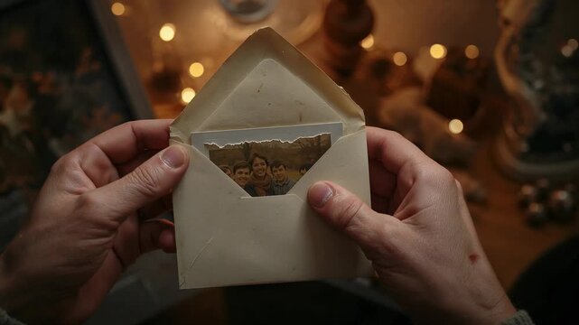 Pressing knit cuff adult hands opening cream envelope at wooden table, inspecting torn snapshot