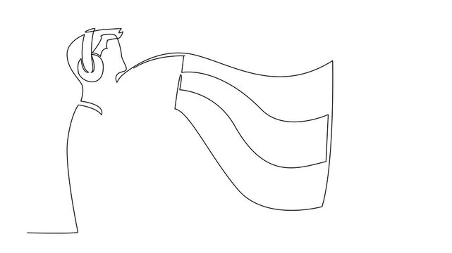 Animation of single line drawing of a young male interpreter wearing headphones and translating Russian, global collaboration for Russian Language Day at an international event. Full length motion