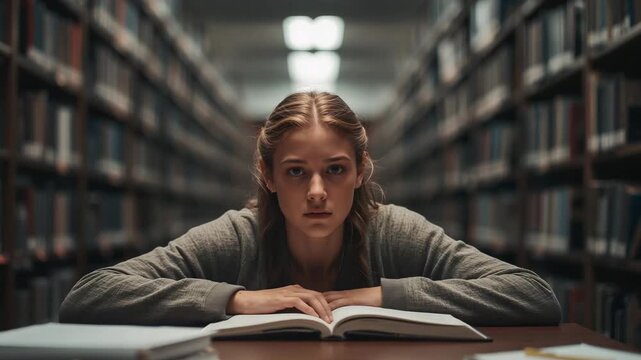 Lifting head from textbook, student in gray sweater fixing gaze focused at table in library aisle