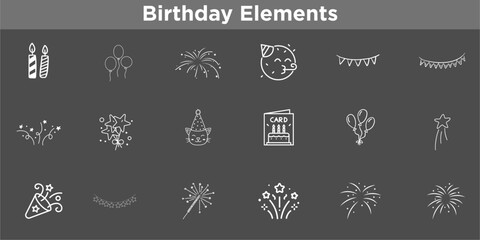 Watercolor Birthday Party Elements: Aesthetic Hand-Drawn Illustration Collection of Cake, Candles, Ribbon, and Abstract Seamless Patterns for Poster Design.