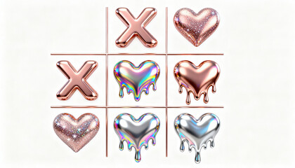 Tic tac toe game with shiny hearts and X marks on a grid with colorful and reflective designs