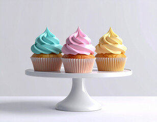 Trending food marketing. Various cupcakes&nbsp;in pastel colors&nbsp;on dessert stand with soft lighting.