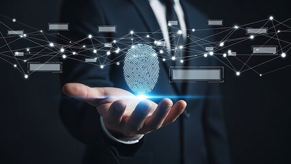 Digital security concept with a hand presenting a glowing fingerprint and data network