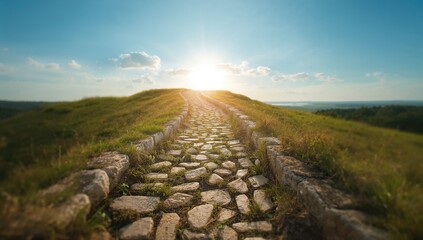 Scenic Pathway Leading to Sunrise Over Green Hills and Blue Sky