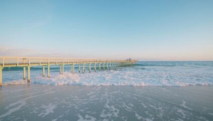 Peaceful Seaside Pier at Dusk with Gentle Waves Under Clear Sky