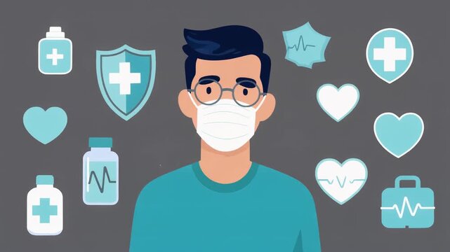 Man Wearing Medical Face Mask with Floating Health and Medical Icons