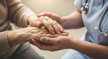 Caring hands of a nurse offering emotional support to an elderly person, close-up. Showing tenderness, love and protection in intergenerational bonding and old age