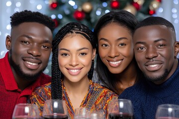 Group of smiling African friends gathered around a table with glasses of wine, celebrating together in a festive atmosphere, showcasing joy and friendship during a special occasion