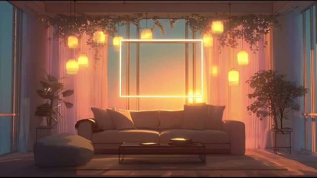 Aesthetic minimalist living room with ambient lighting, lush plants, and a comfortable sofa creating a serene and inviting atmosphere for relaxation and modern living