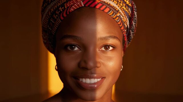Smiling woman with patterned wrap bare shoulders holding gaze in studio, warm light beam shifting