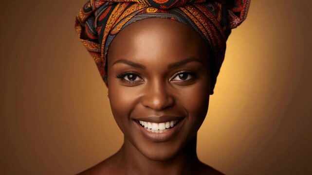 Photog cueing smiling woman widening grin, holding gaze in studio, colorful wrap and warm backdrop