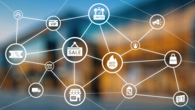 Sale and promotion icons with hot deal, discount tag, shopping bag, limited offer, coupon, VIP card, buy one get one, online shopping, and special event sale. Gist - Powered by Adobe