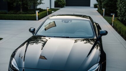 Luxurious Drive: An elegant, black car gleams as it sits poised on a pristine driveway, embodying luxury and sophistication.
