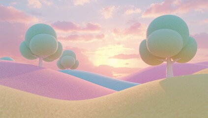 Obraz premium Dreamy Landscape with Soft Trees and Colorful Hills at Sunset