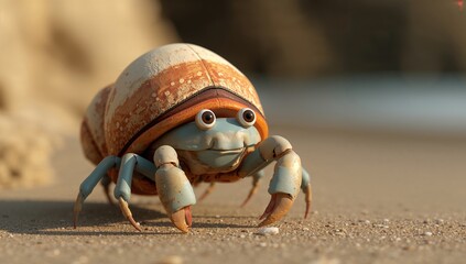 Colorful cartoon crab character on sandy beach with ocean backdrop