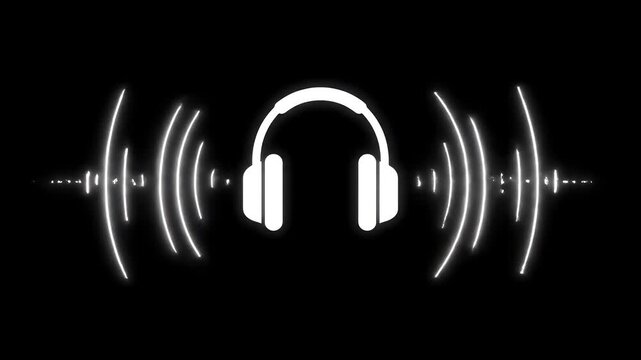 Glowing white headphone icon with sound waves on a black background, representing digital audio and music animation