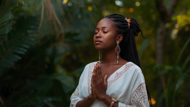 Standing woman closing eyes holding prayer pose in tropical garden with kaftan earrings bracelet