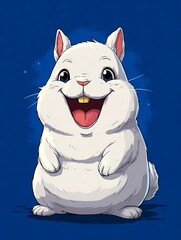 Animated cartoon image featuring a smiling, fluffy white bunny on a deep blue background