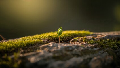 Fototapeta premium Green Plant Sprout Emerging from Mossy Soil in Warm Light