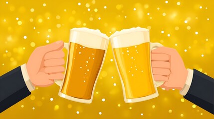 Animated cartoon image of two hands toasting golden-colored beer mugs, set against a bokeh background