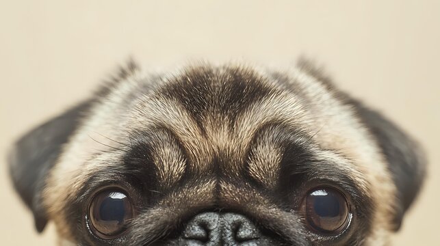 Adorable pug puppy face with big brown eyes and wrinkled features on neutral background for pet lover designs and animal themed projects.